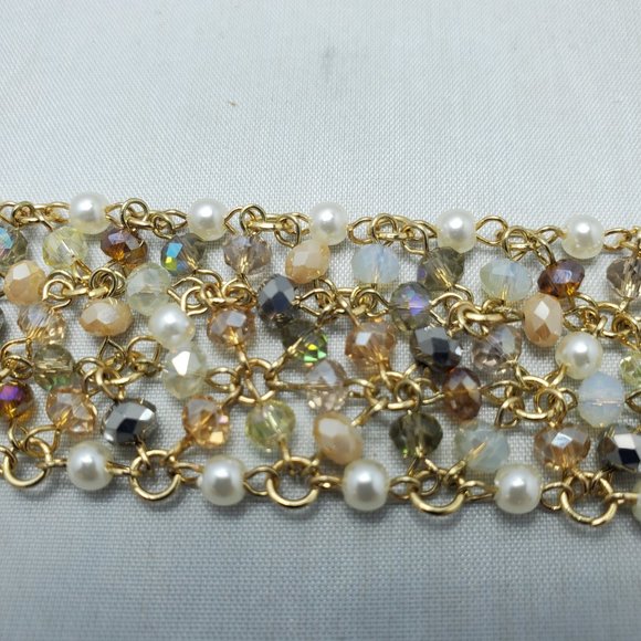 Ali Khan beaded bracelet with gold links. color pearl-opal-hematite-champagne - Picture 2 of 4